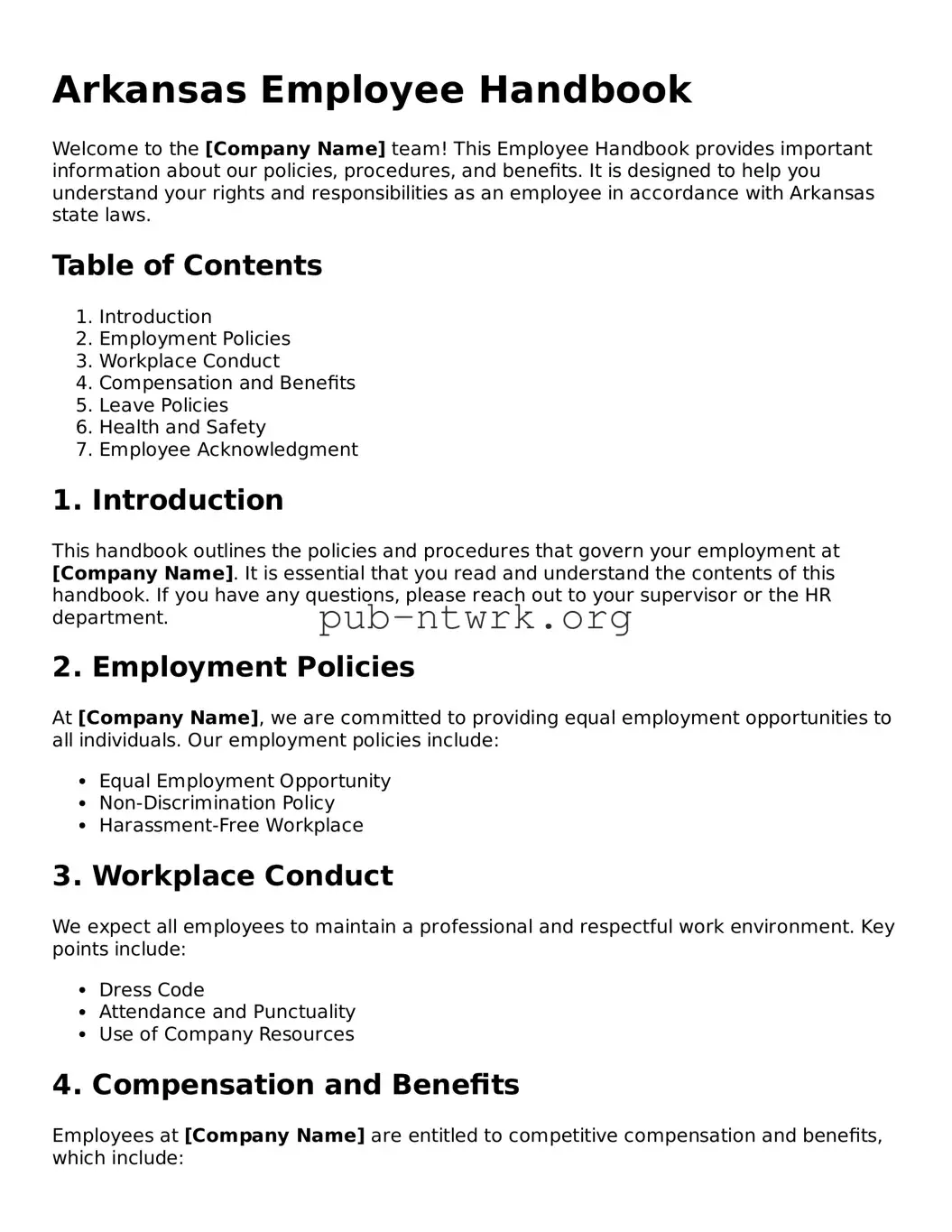 Free Arkansas Employee Handbook Form
