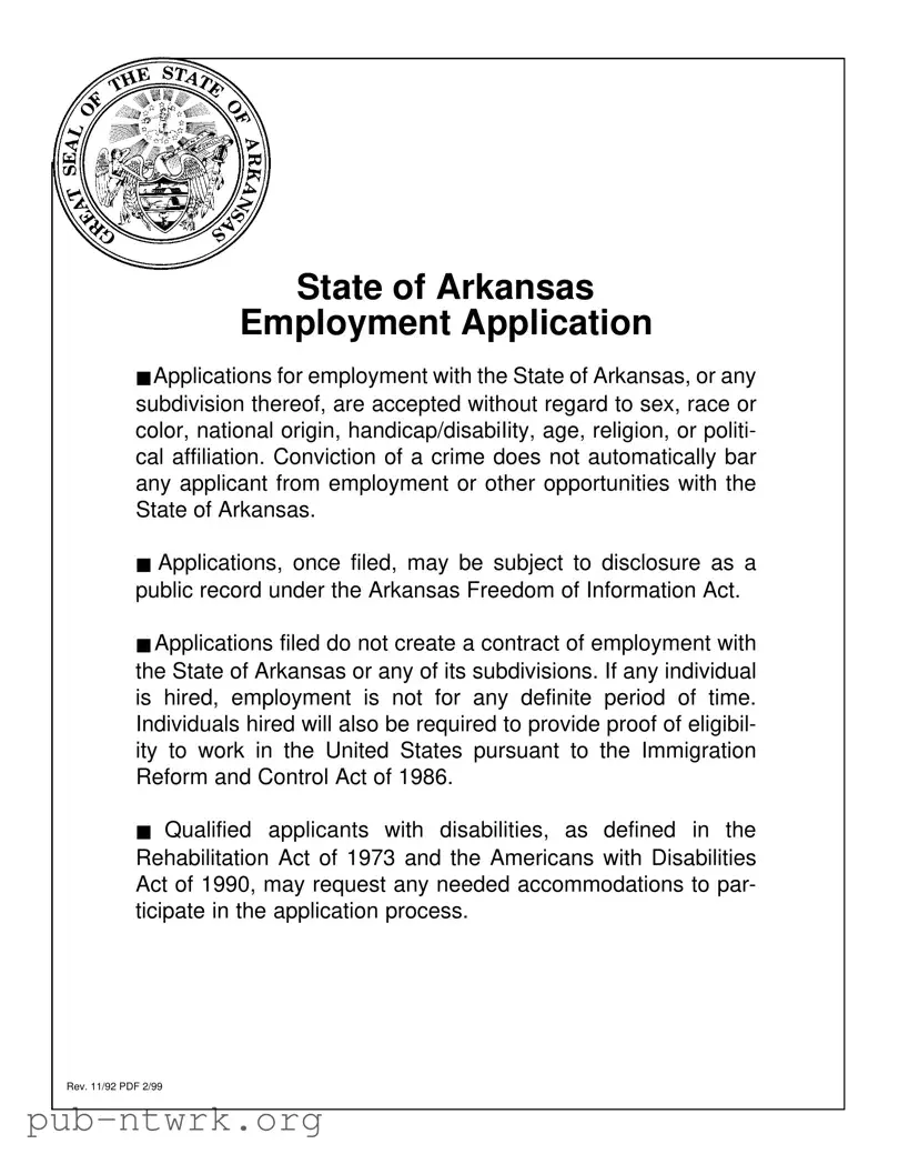 Blank Arkansas Employment Application PDF Form