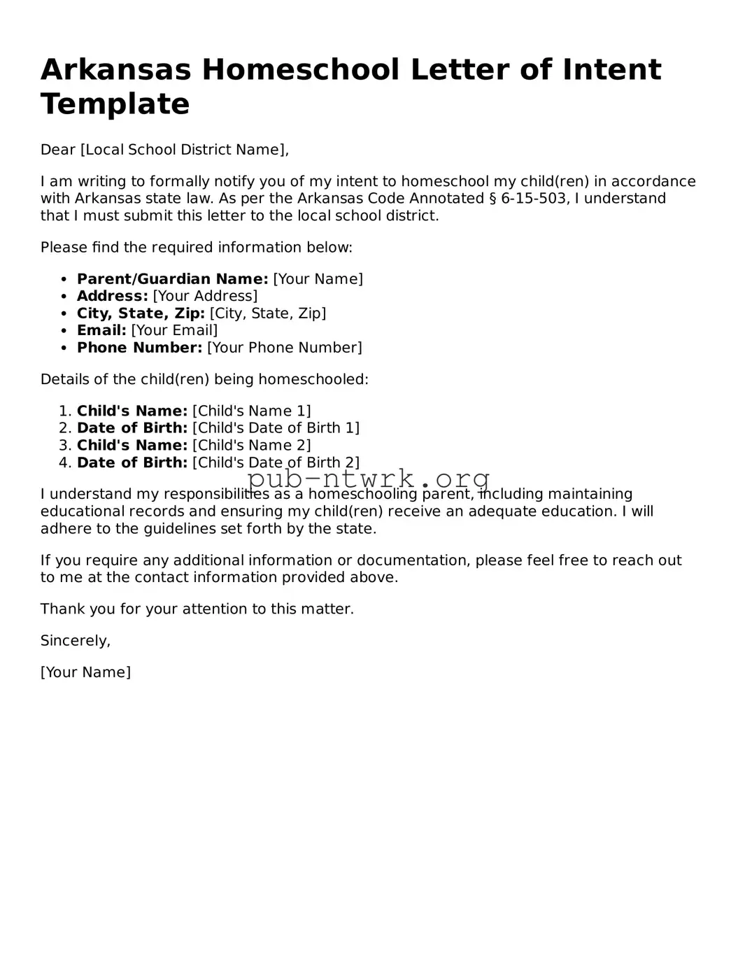 Free Arkansas Homeschool Letter of Intent Form