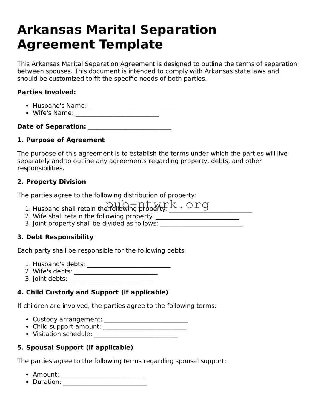 Free Arkansas Marital Separation Agreement Form