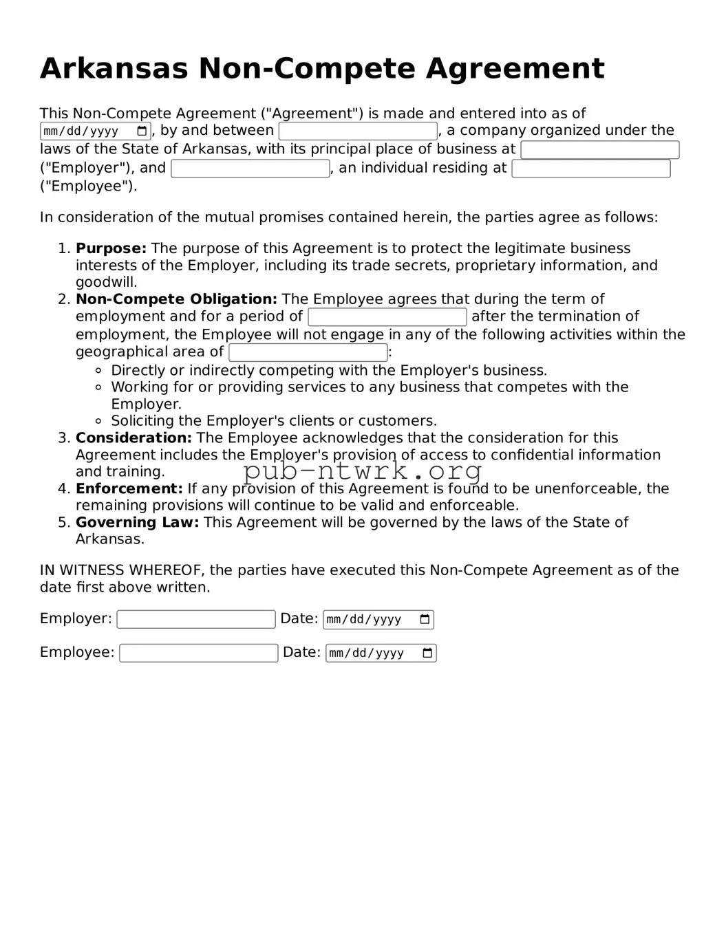 Free Arkansas Non-compete Agreement Form