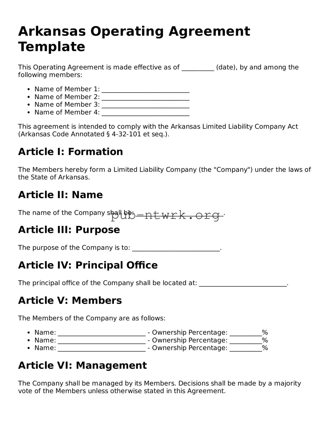 Free Arkansas Operating Agreement Form