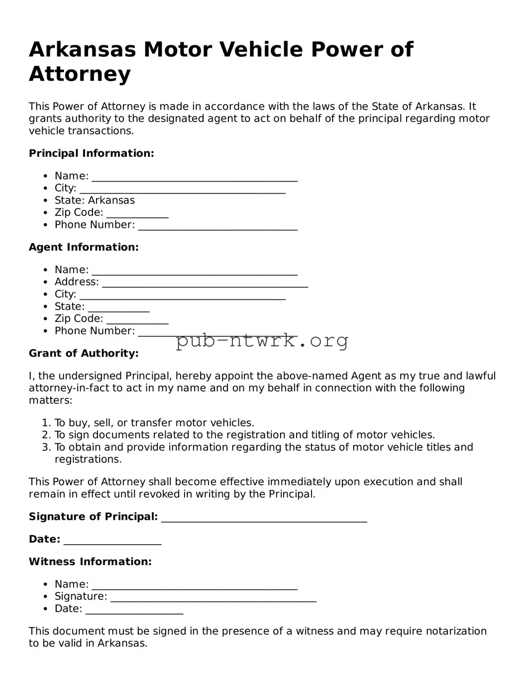 Free Arkansas Motor Vehicle Power of Attorney Form