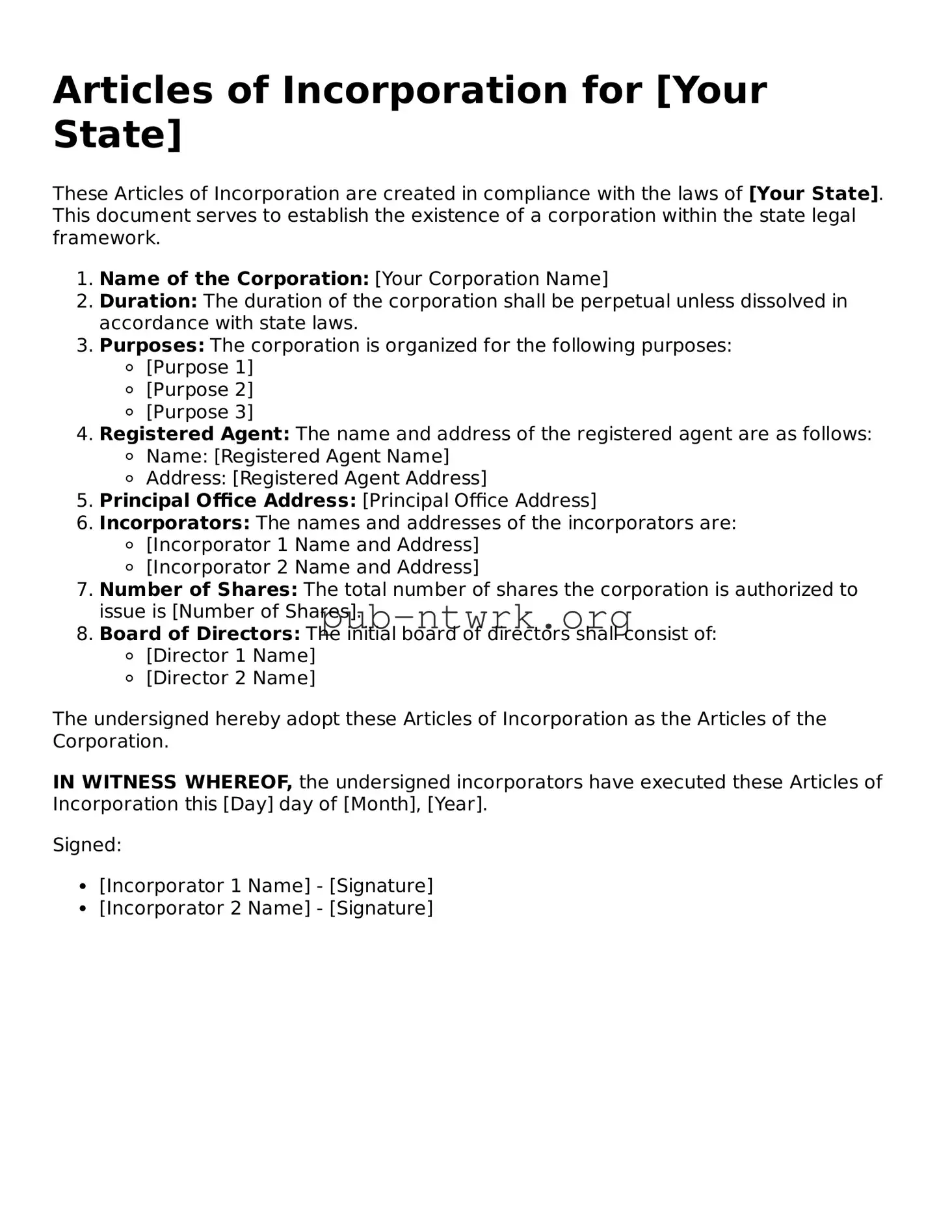 Legal Articles of Incorporation Form
