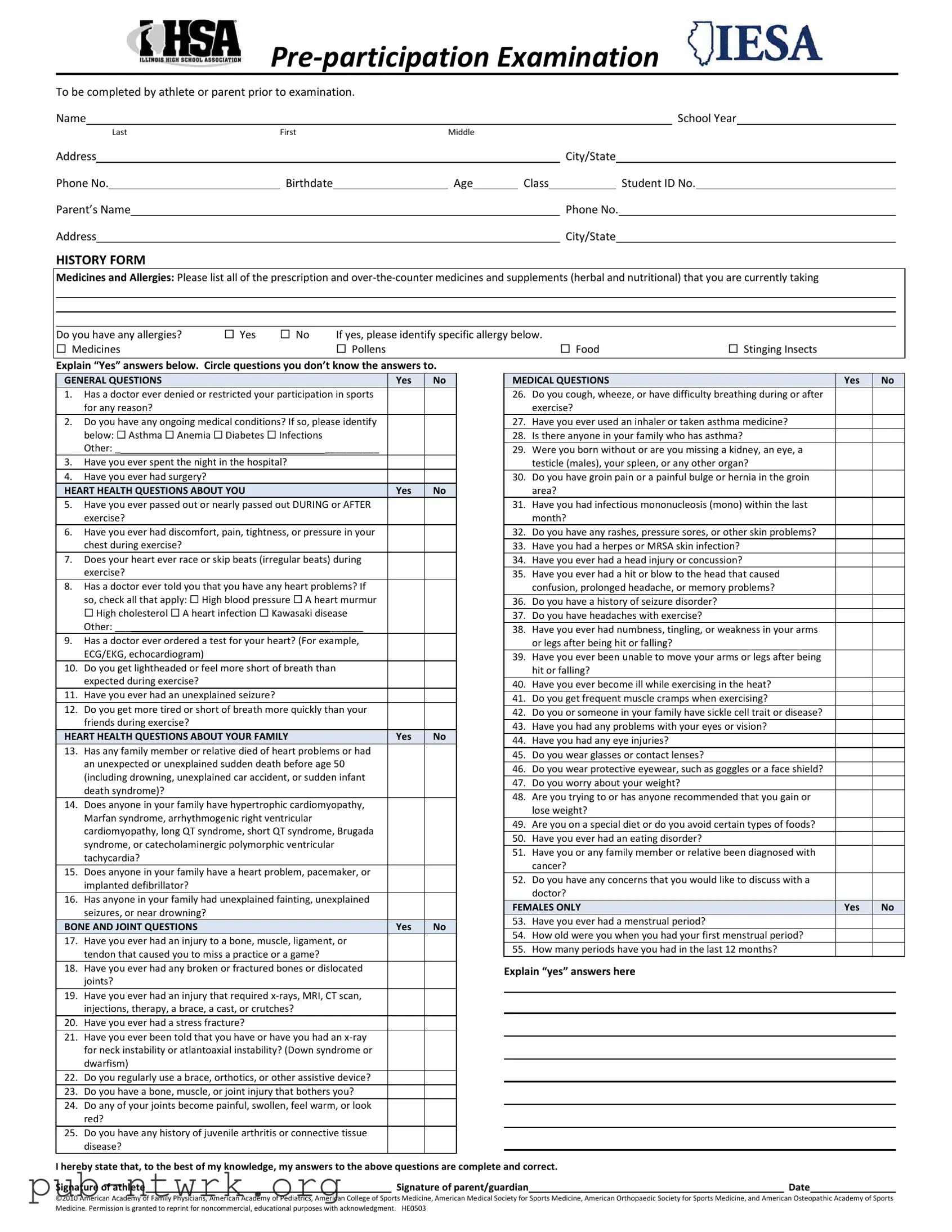 Blank Illinois Pre Participation Physical PDF Form