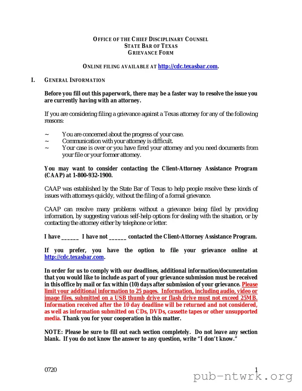 Blank Texas Grievance PDF Form