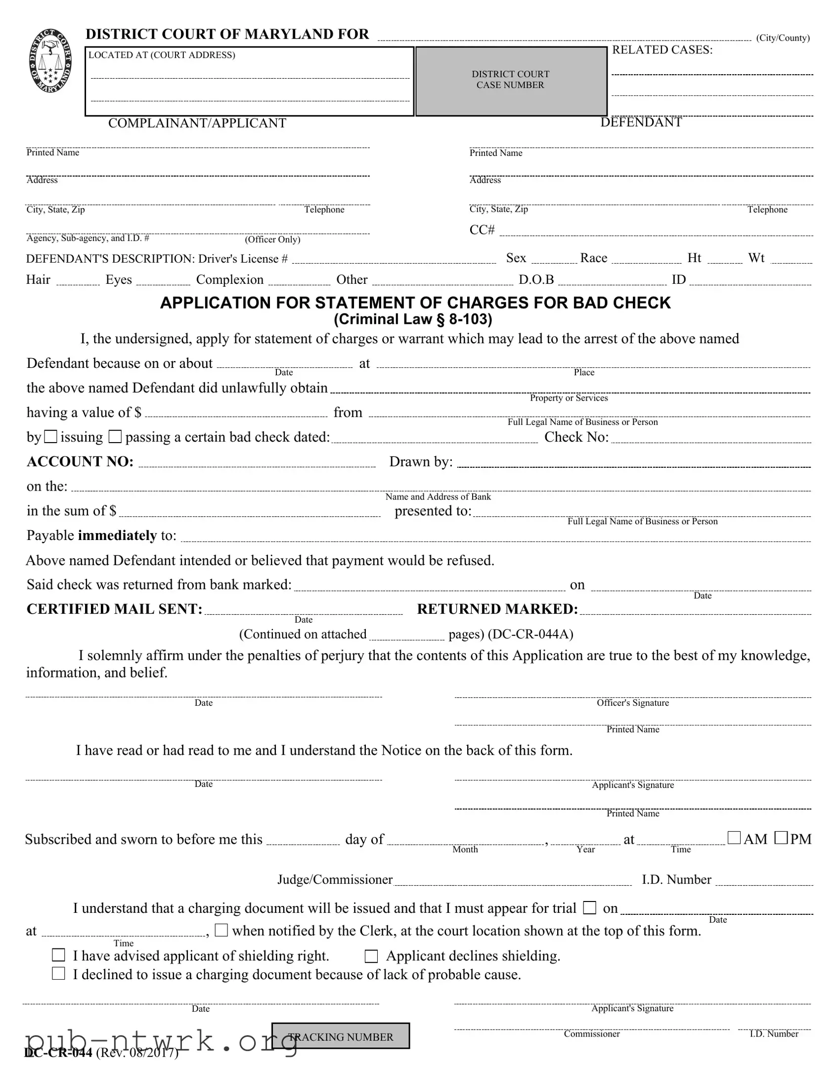 Blank Maryland Dc Cr 044 PDF Form