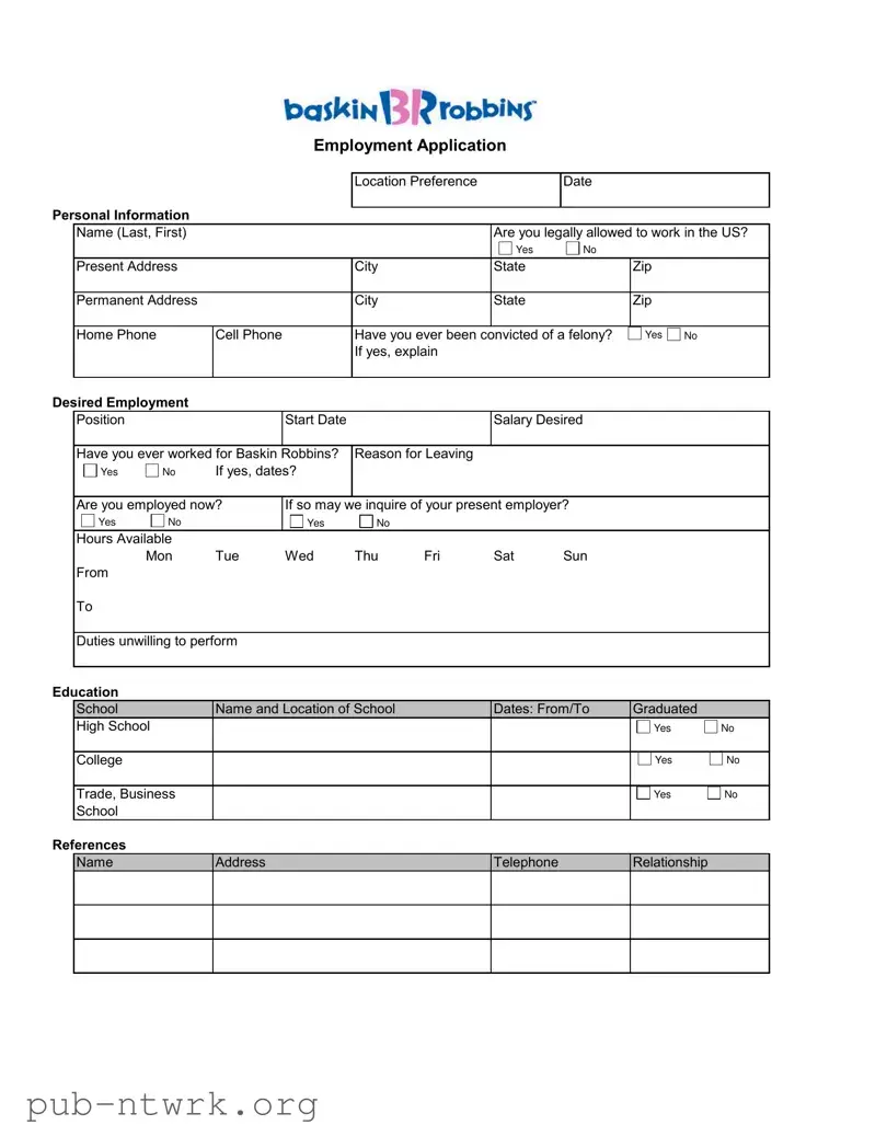 Blank Baskin Robbins Job PDF Form