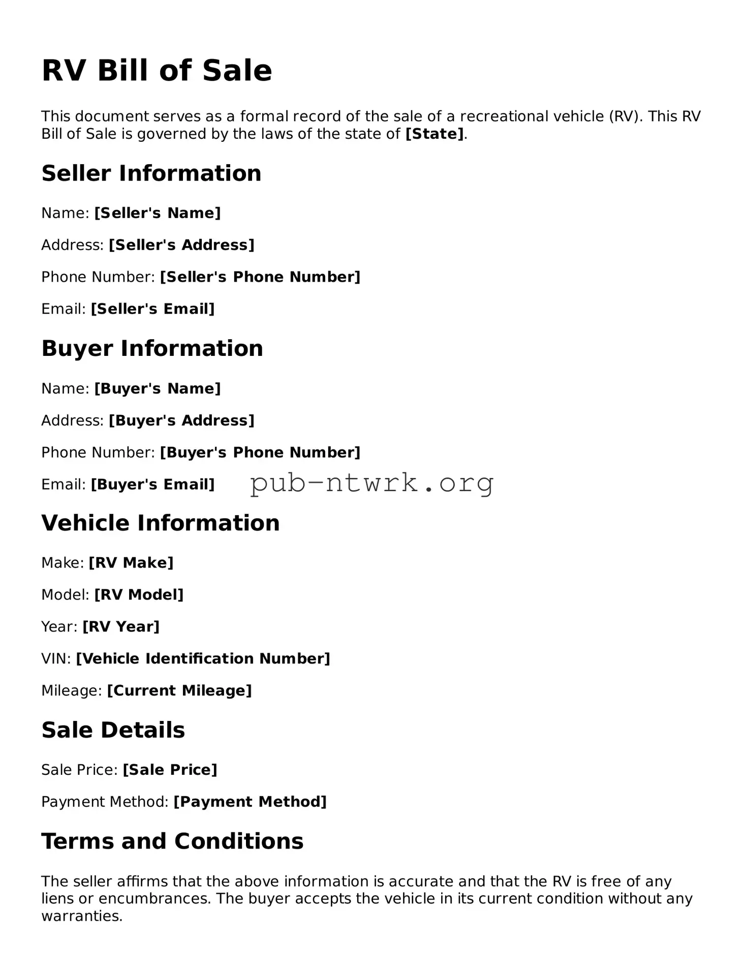 Legal RV Bill of Sale Form
