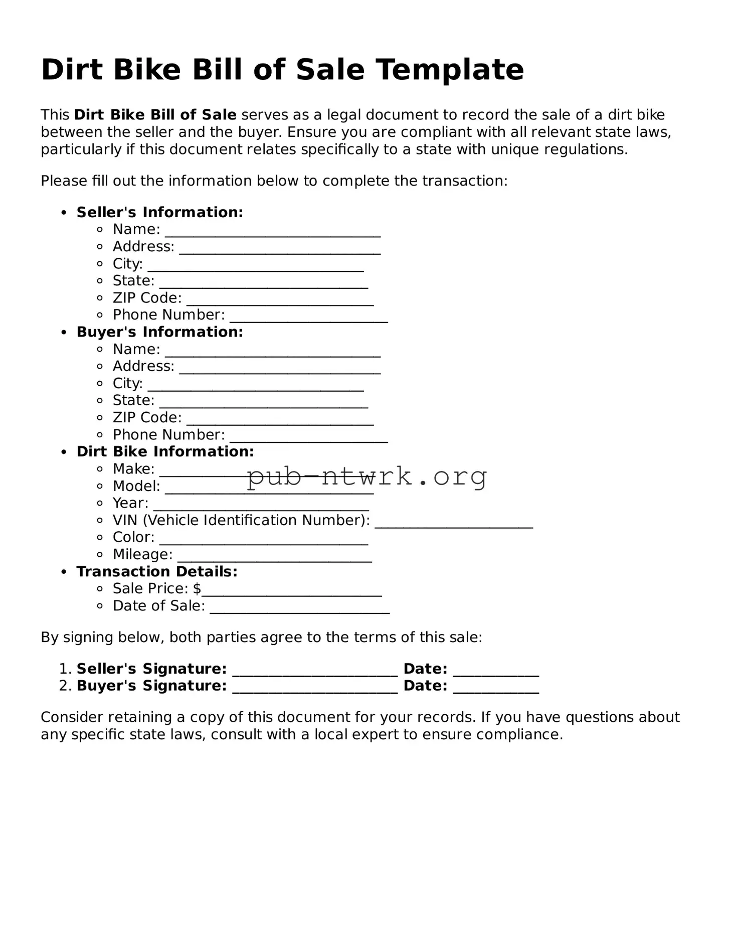 Legal Dirt Bike Bill of Sale Form