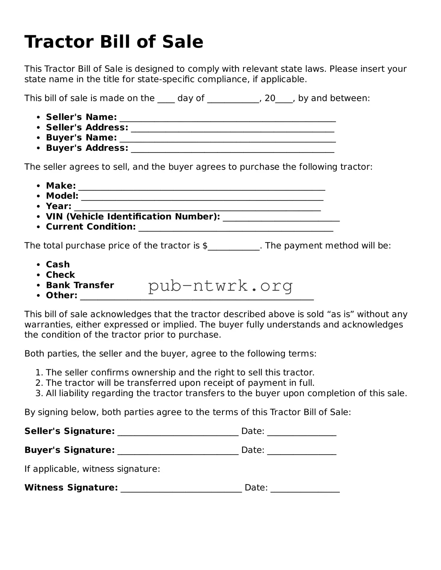 Legal Tractor Bill of Sale Form