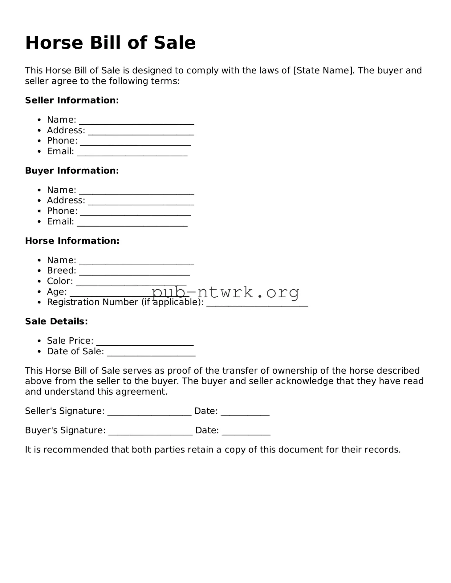 Legal Horse Bill of Sale Form
