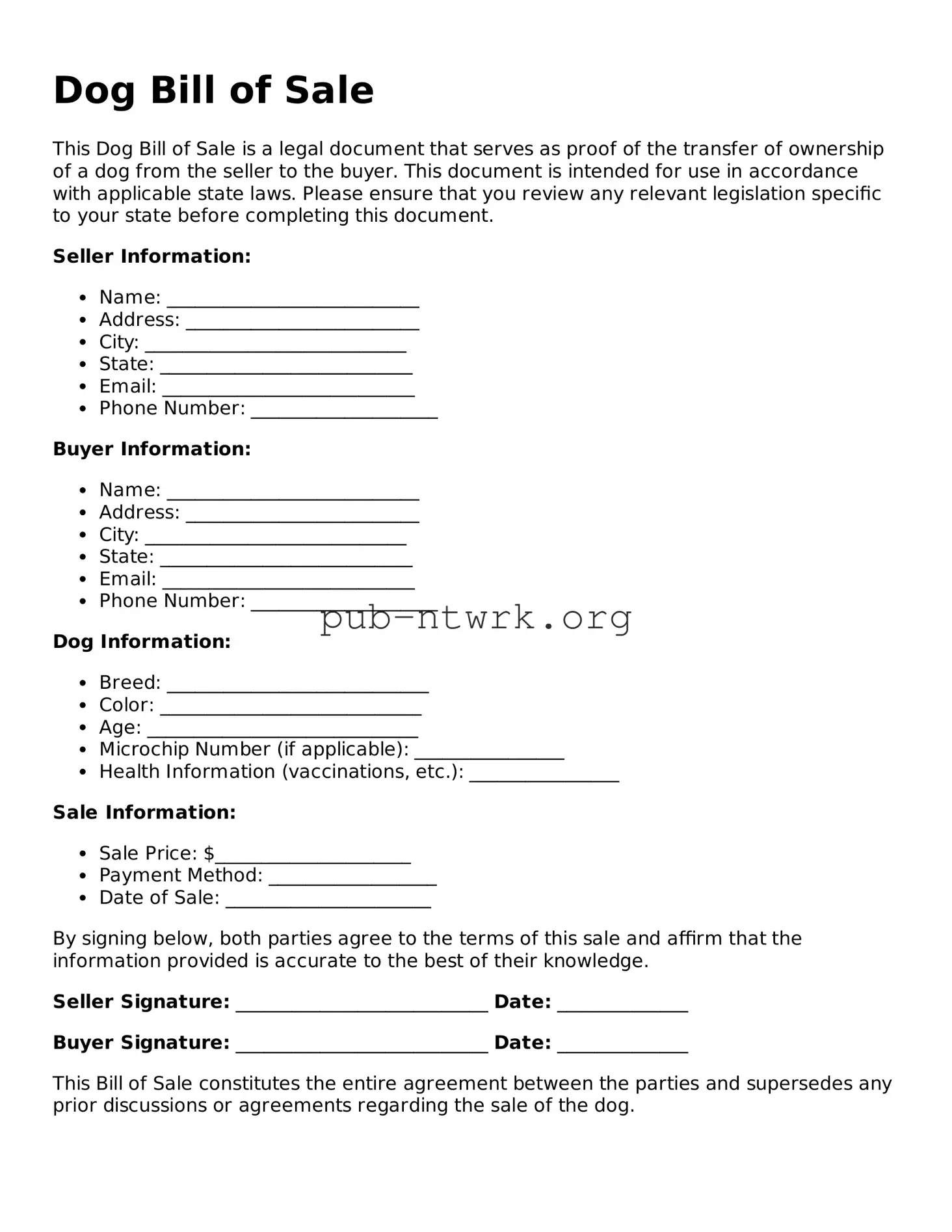 Legal Dog Bill of Sale Form