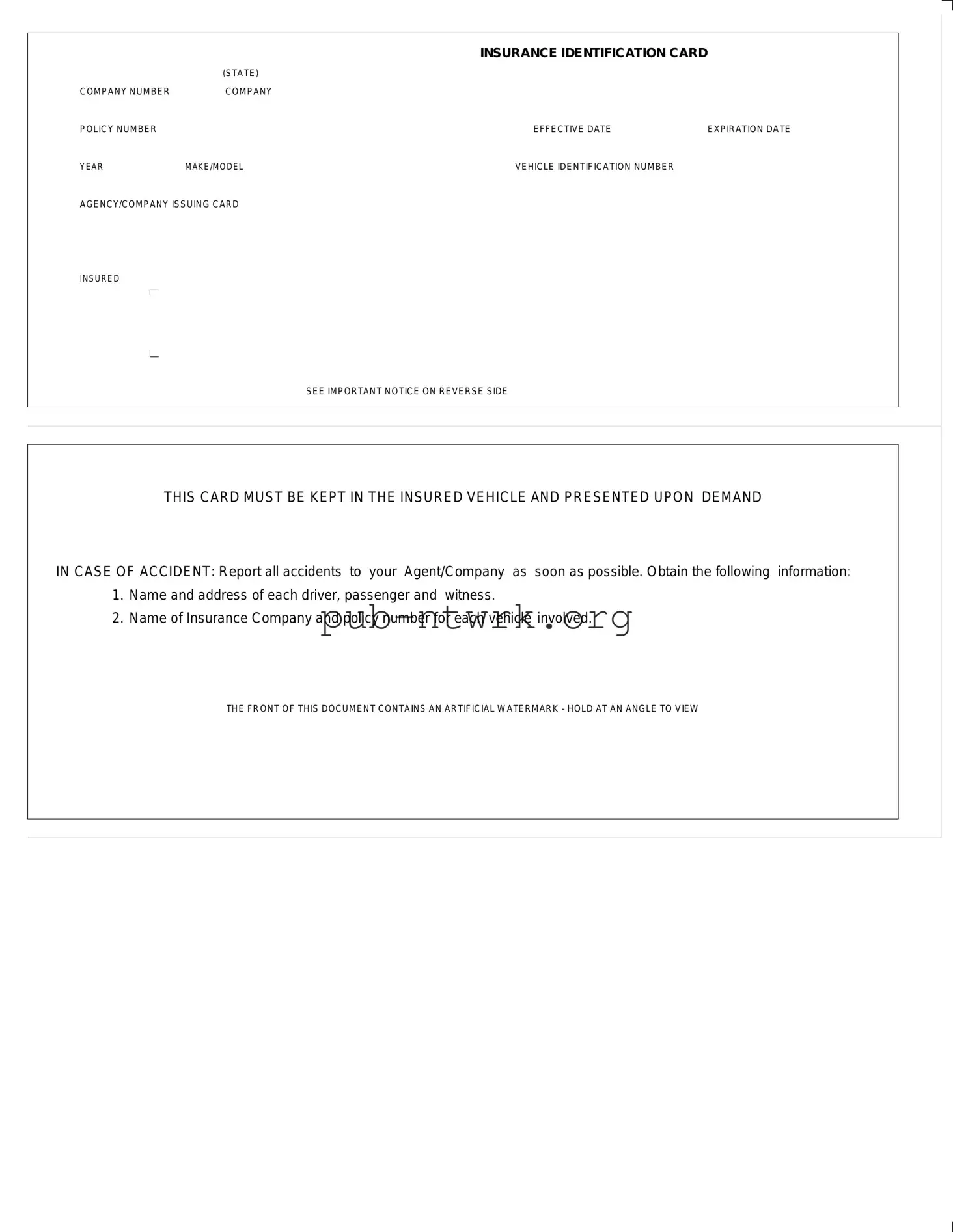 Blank Auto Insurance Card PDF Form