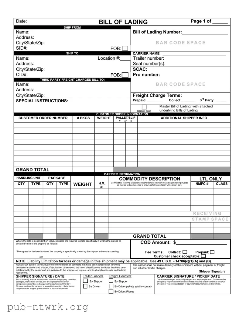 Blank Bill of Lading with a Supplement PDF Form