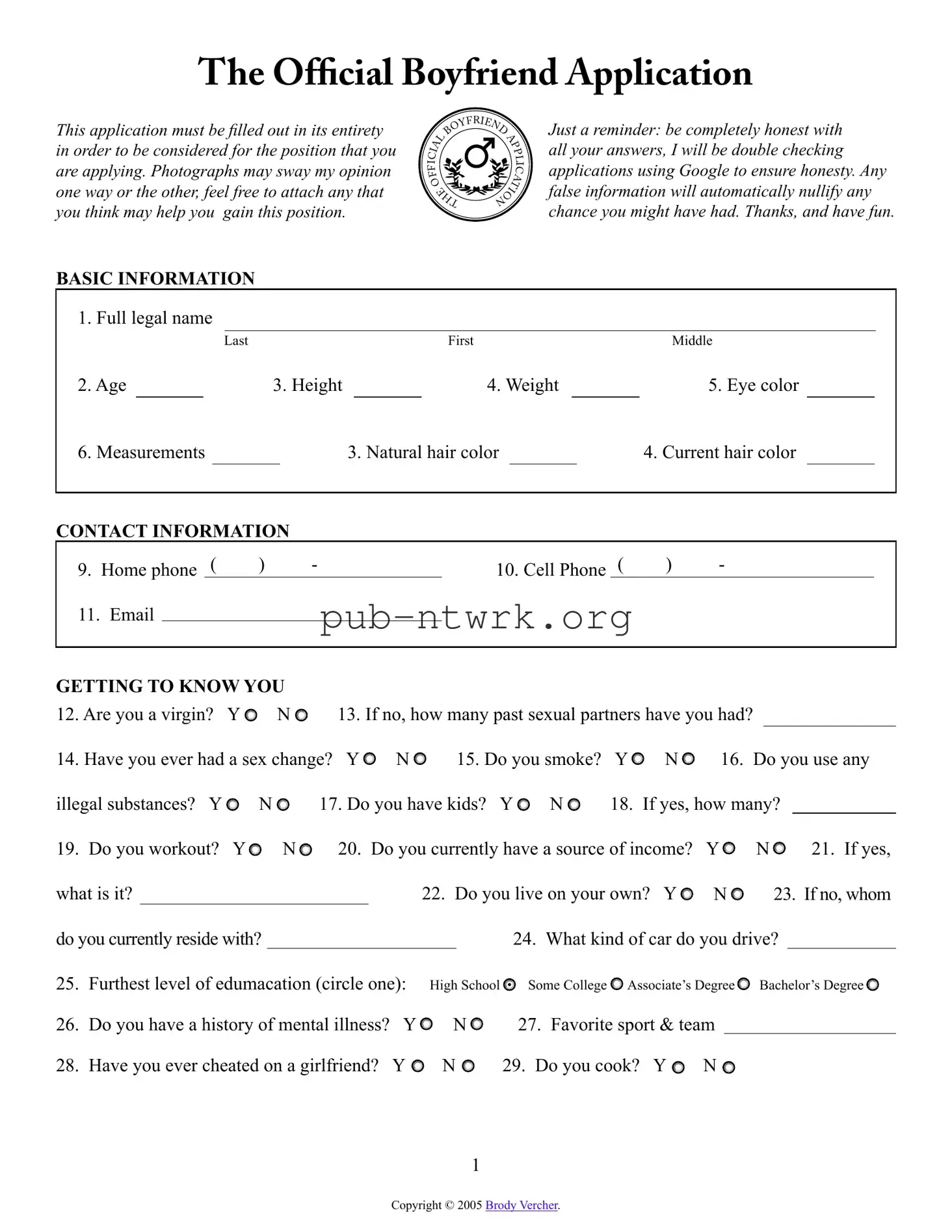 Blank Boyfriend application form PDF Form