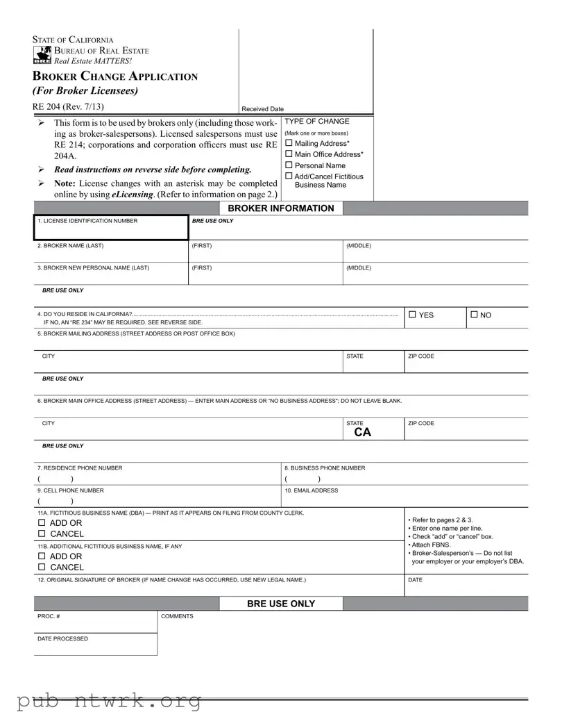 Blank California Re 204 PDF Form