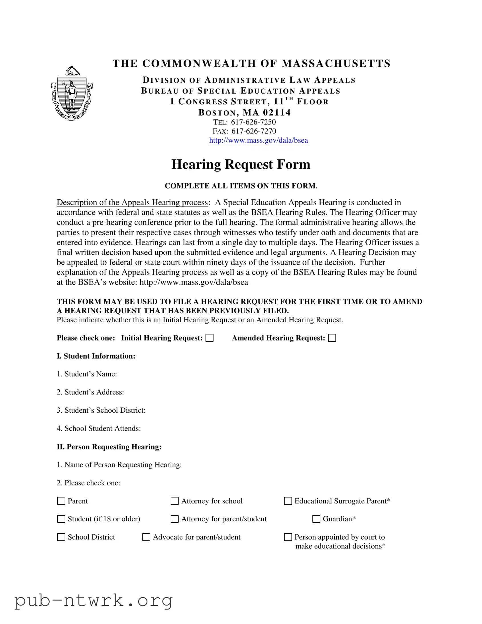 Blank Massachusetts Hearing Request PDF Form
