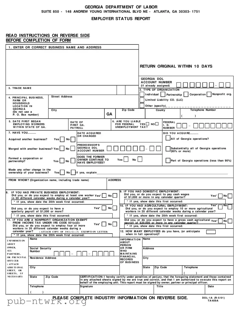 Blank Georgia Department Of Labor PDF Form
