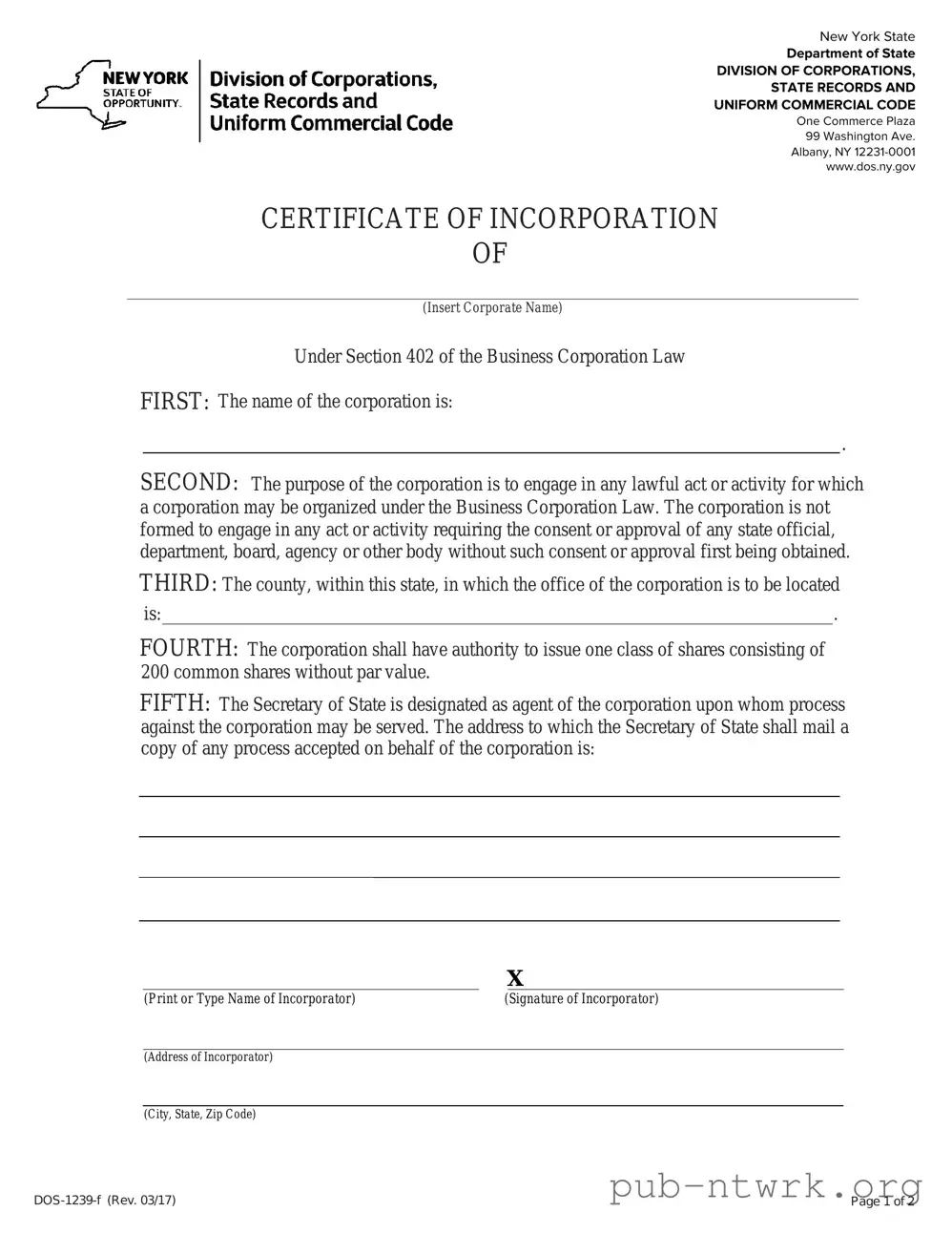 Blank New York Certificate PDF Form
