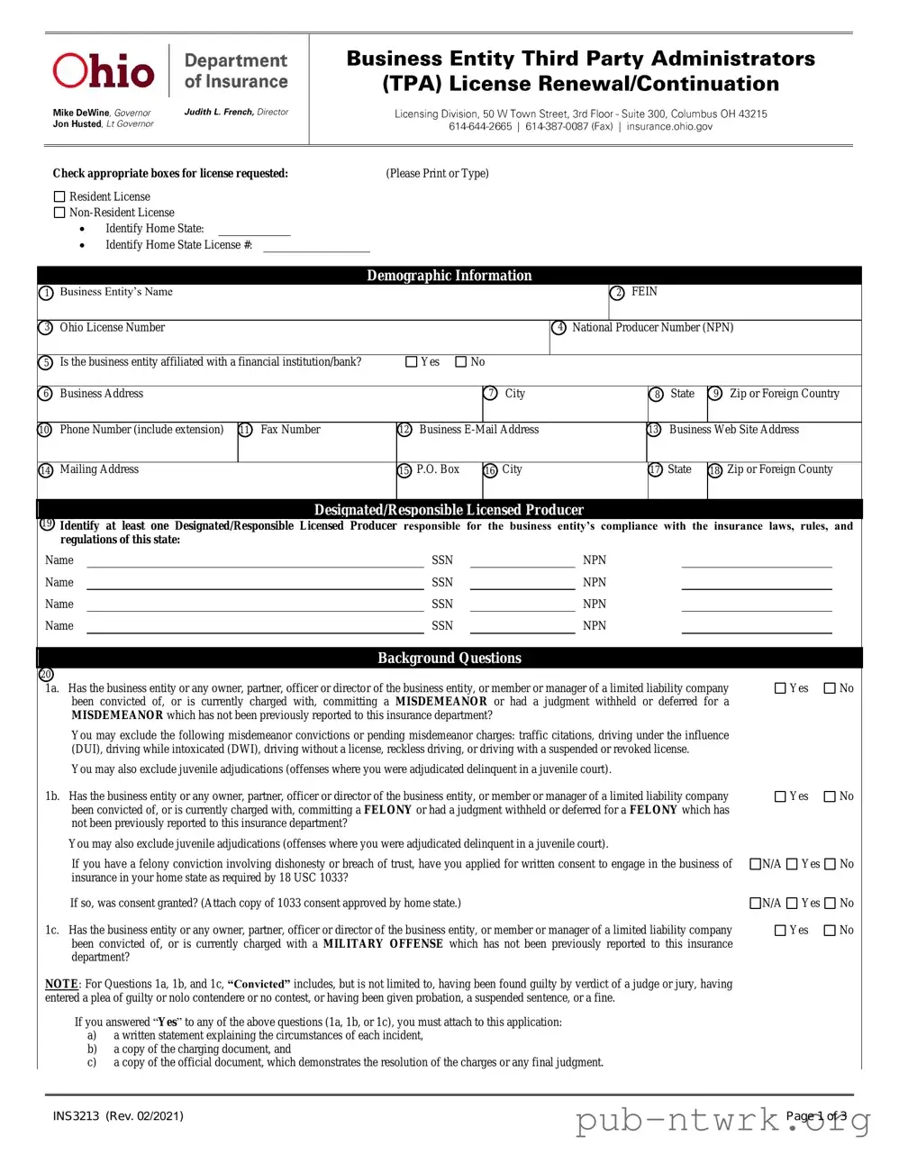 Blank Ohio Ins3213 PDF Form