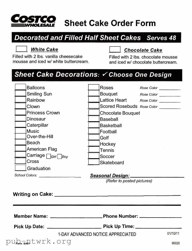 Blank Costco cake order form PDF Form