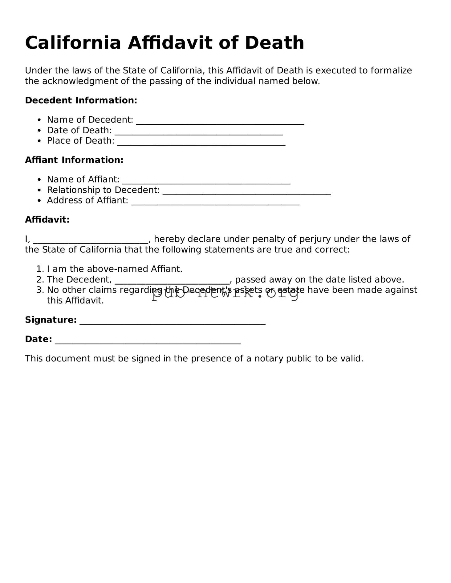 Free California Affidavit of Death Form