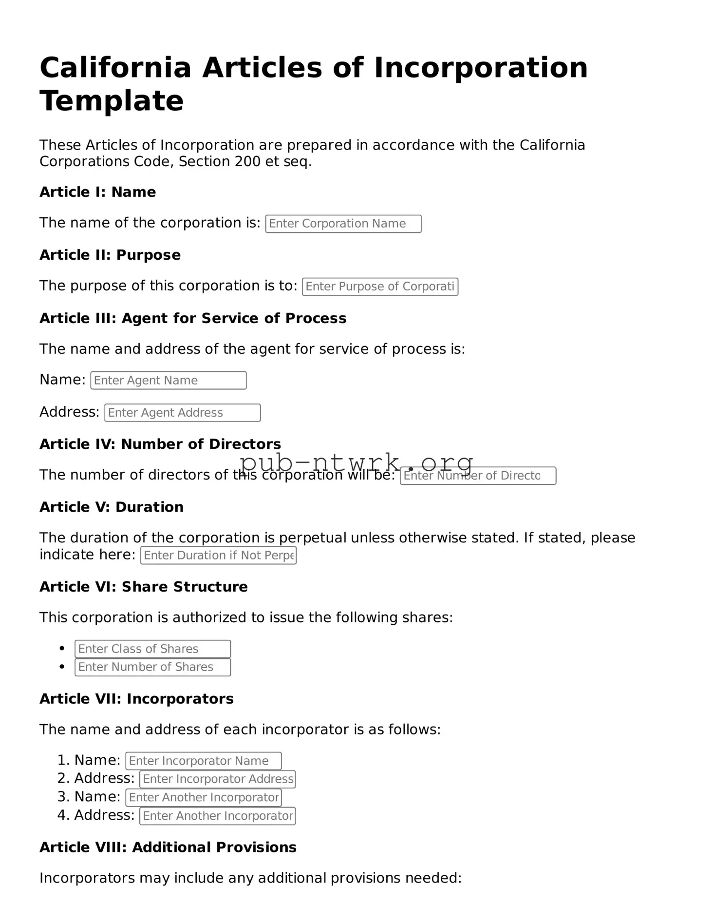 Free California Articles of Incorporation Form