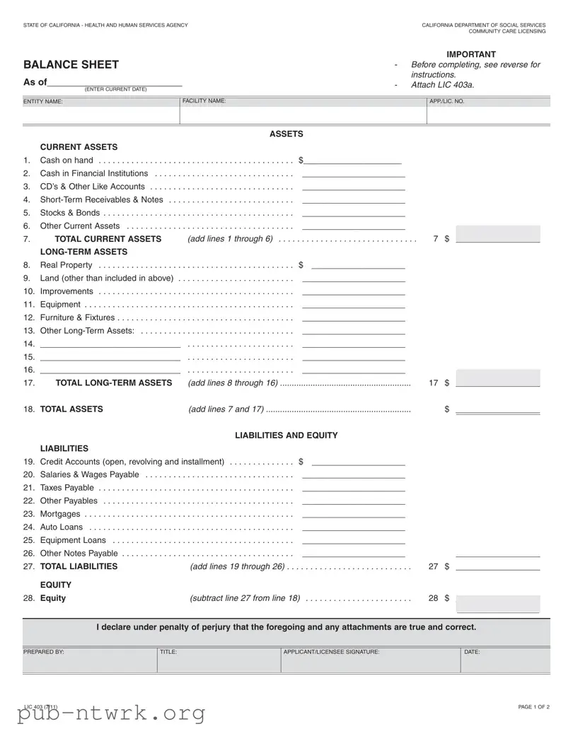 Blank California Balance Sheet PDF Form