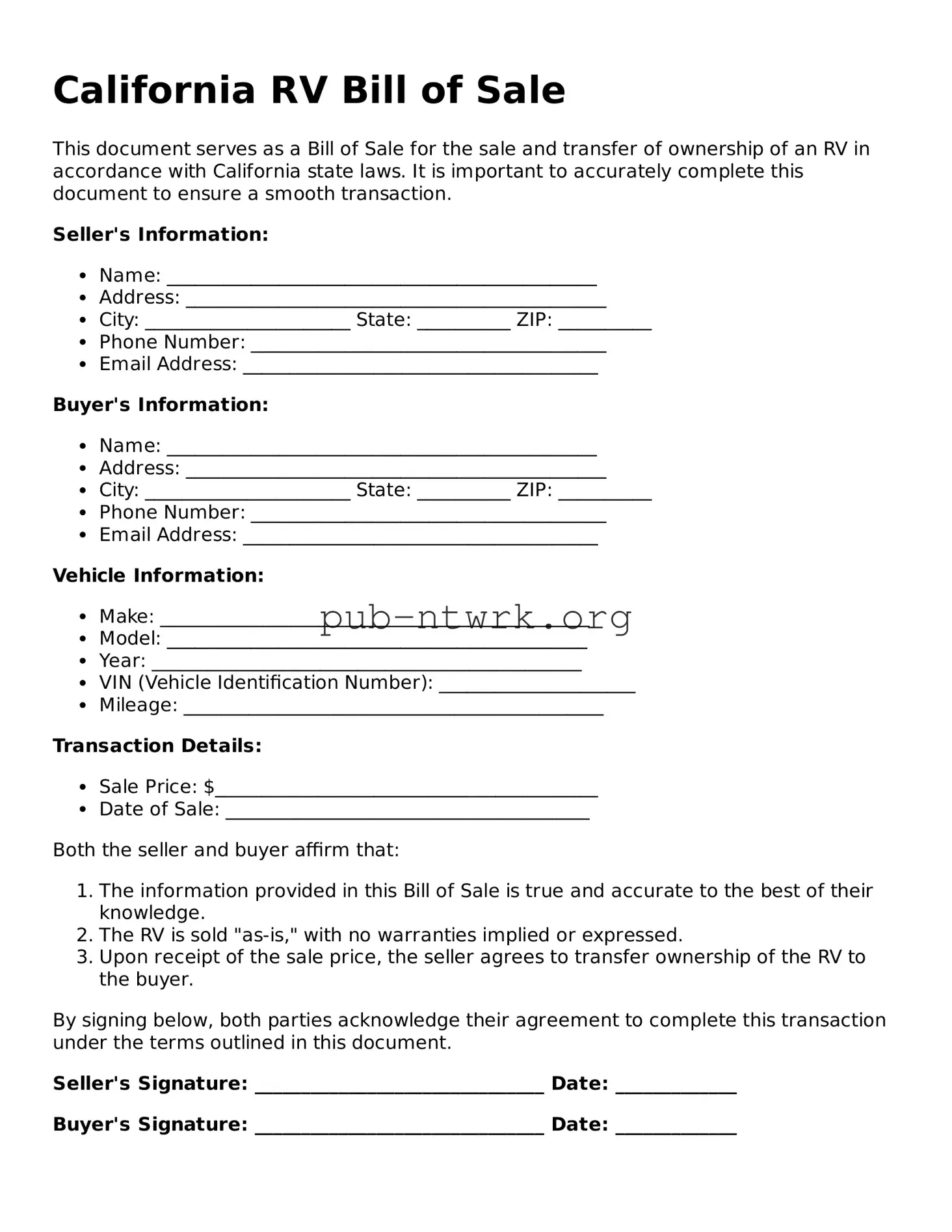 Free California RV Bill of Sale Form