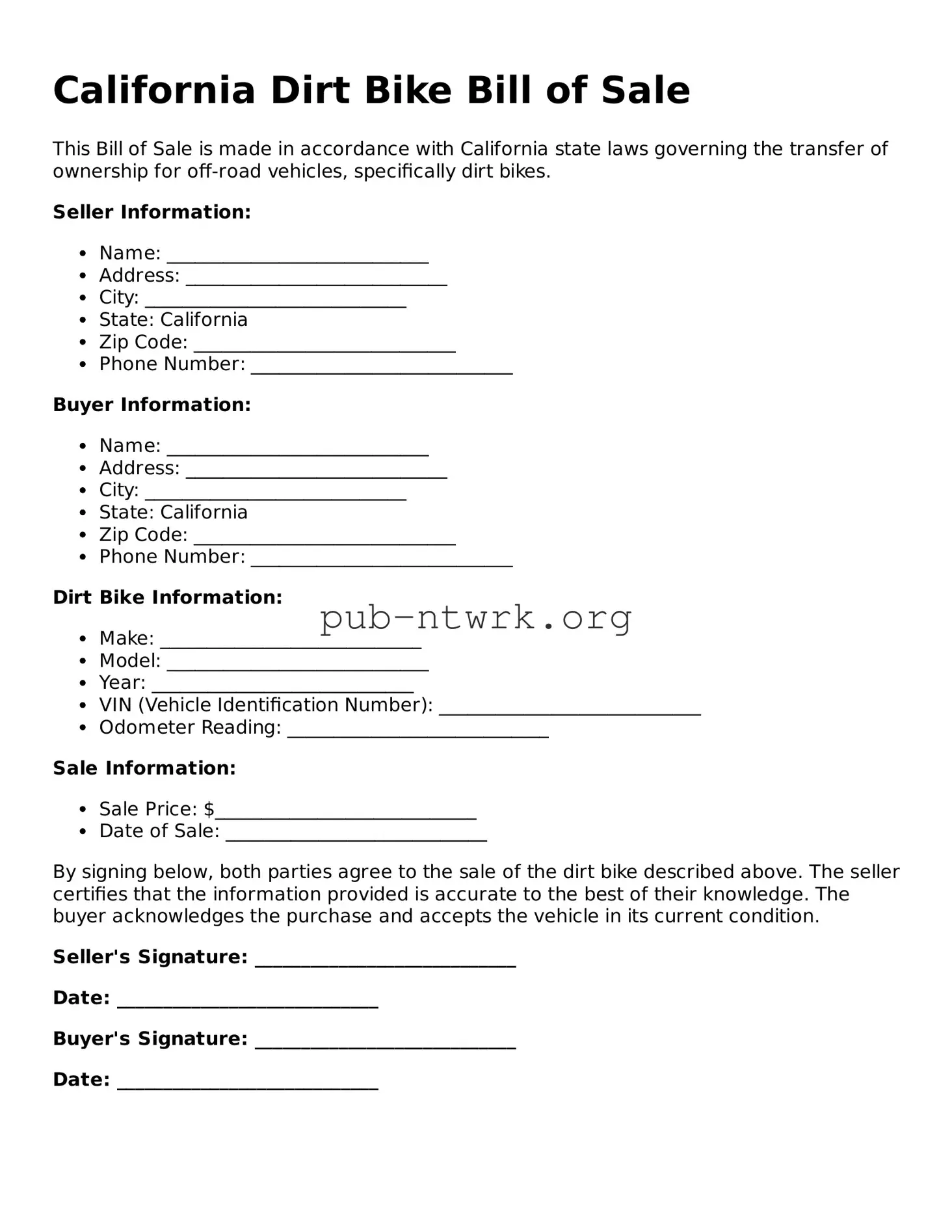 Free California Dirt Bike Bill of Sale Form