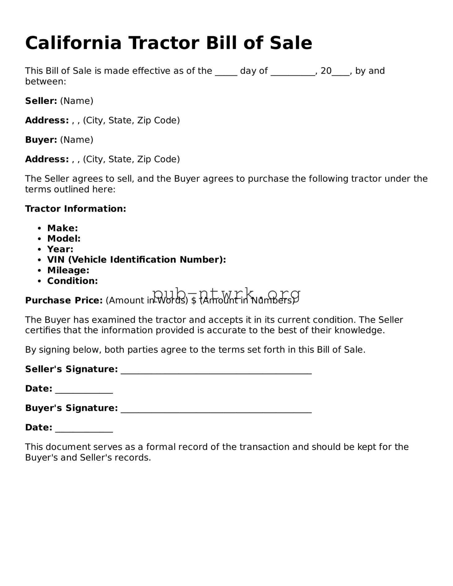 Free California Tractor Bill of Sale Form