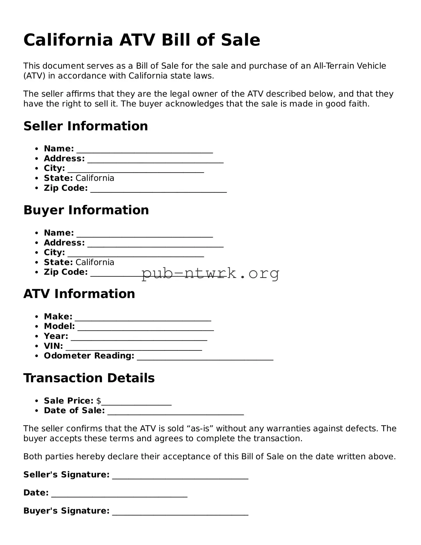 Free California ATV Bill of Sale Form