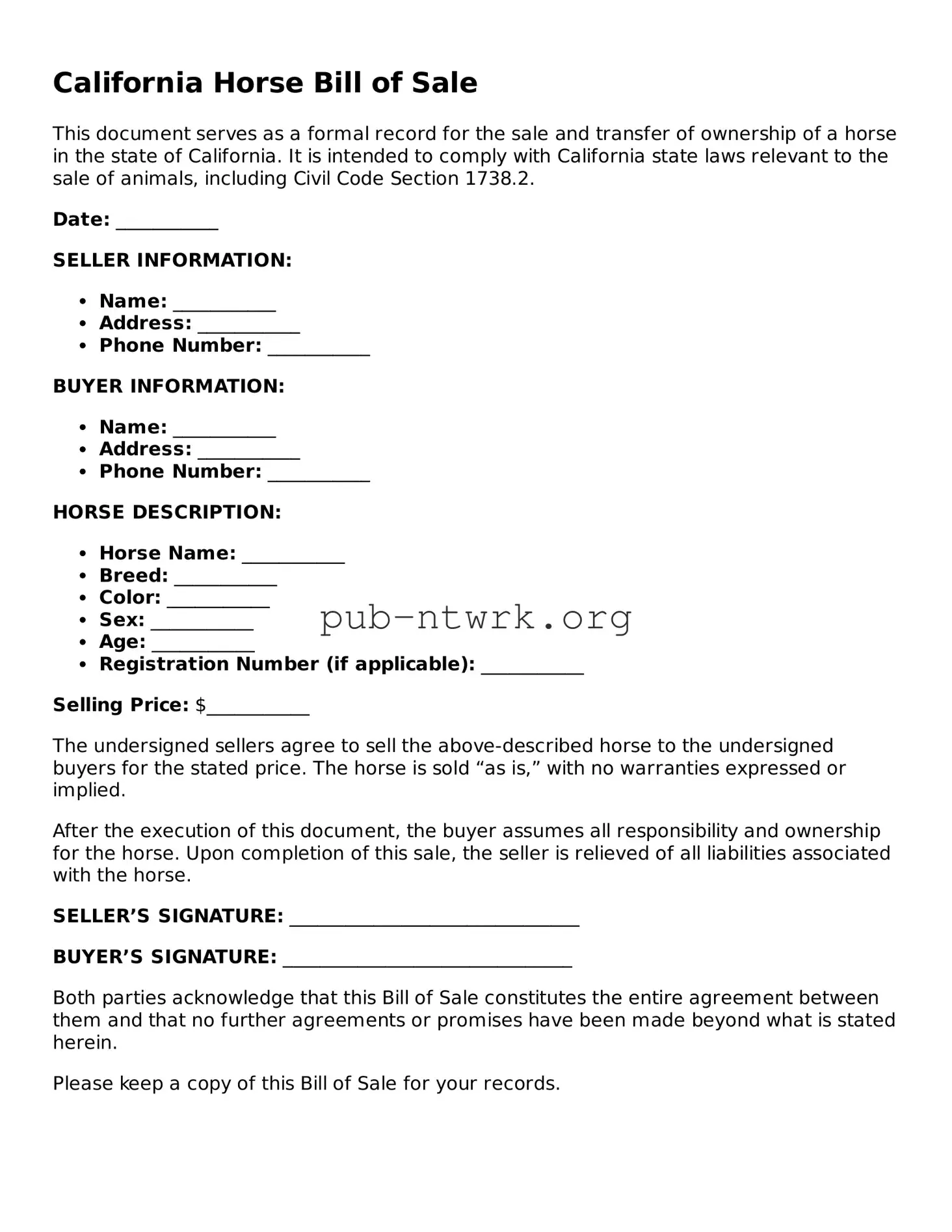 Free California Horse Bill of Sale Form