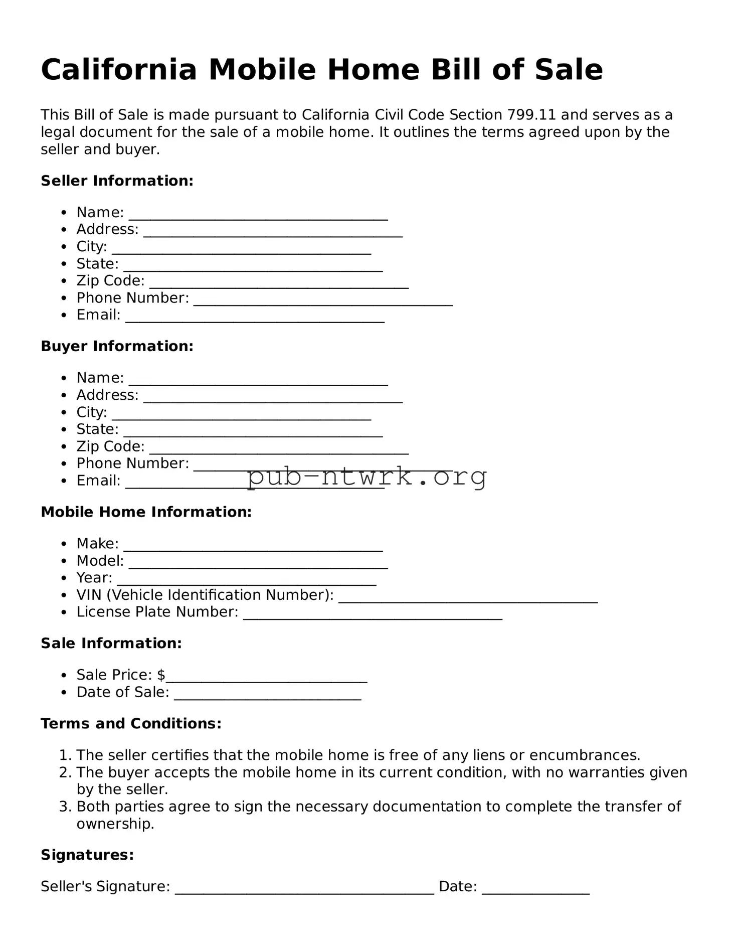 Free California Mobile Home Bill of Sale Form
