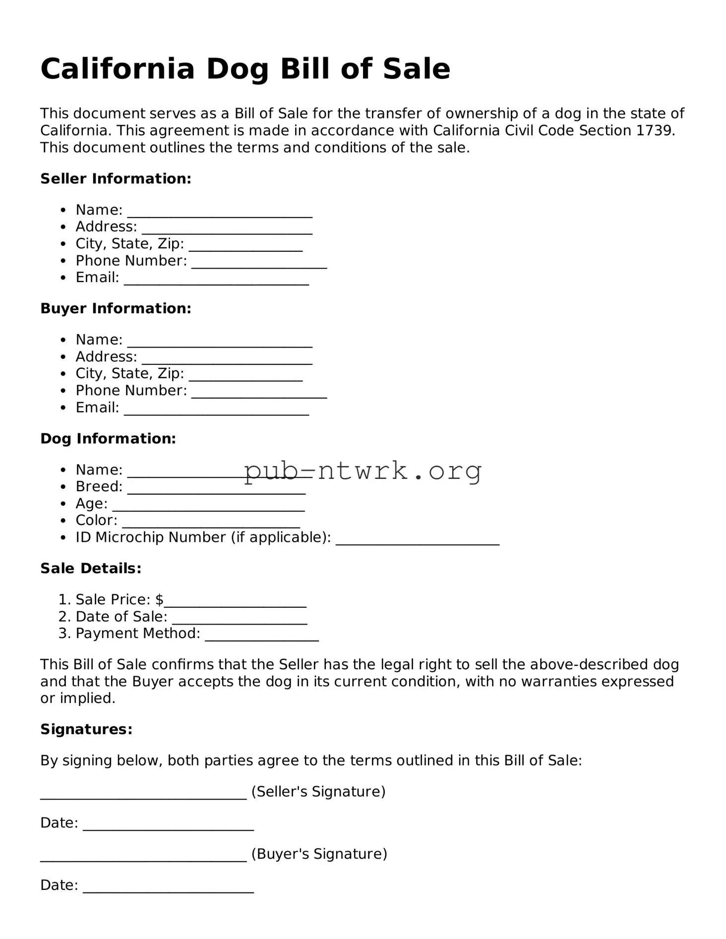 Free California Dog Bill of Sale Form