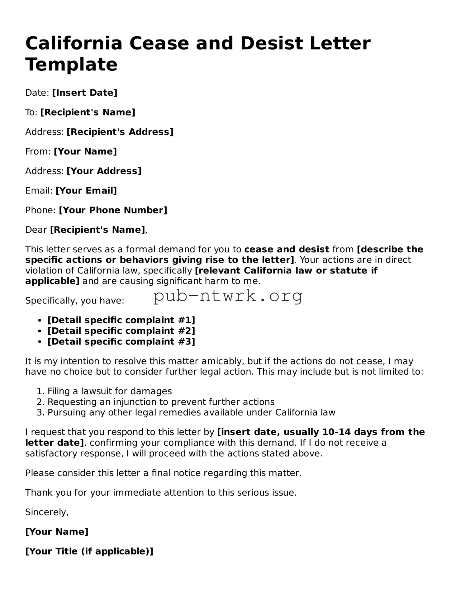 Free California Cease and Desist Letter Form