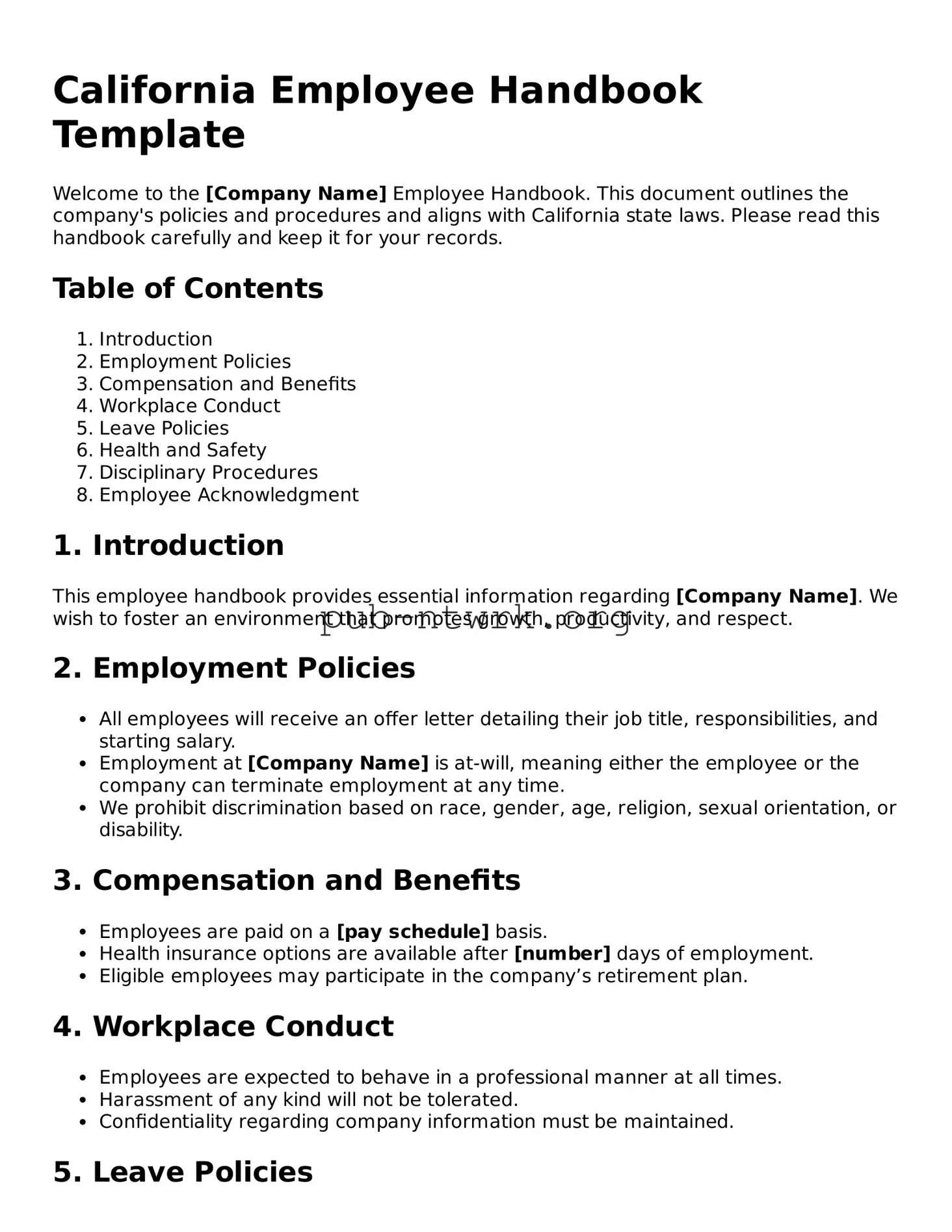 Free California Employee Handbook Form