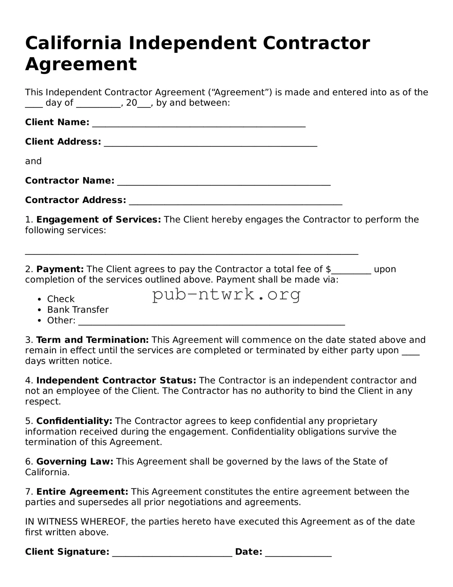 Free California Independent Contractor Agreement Form