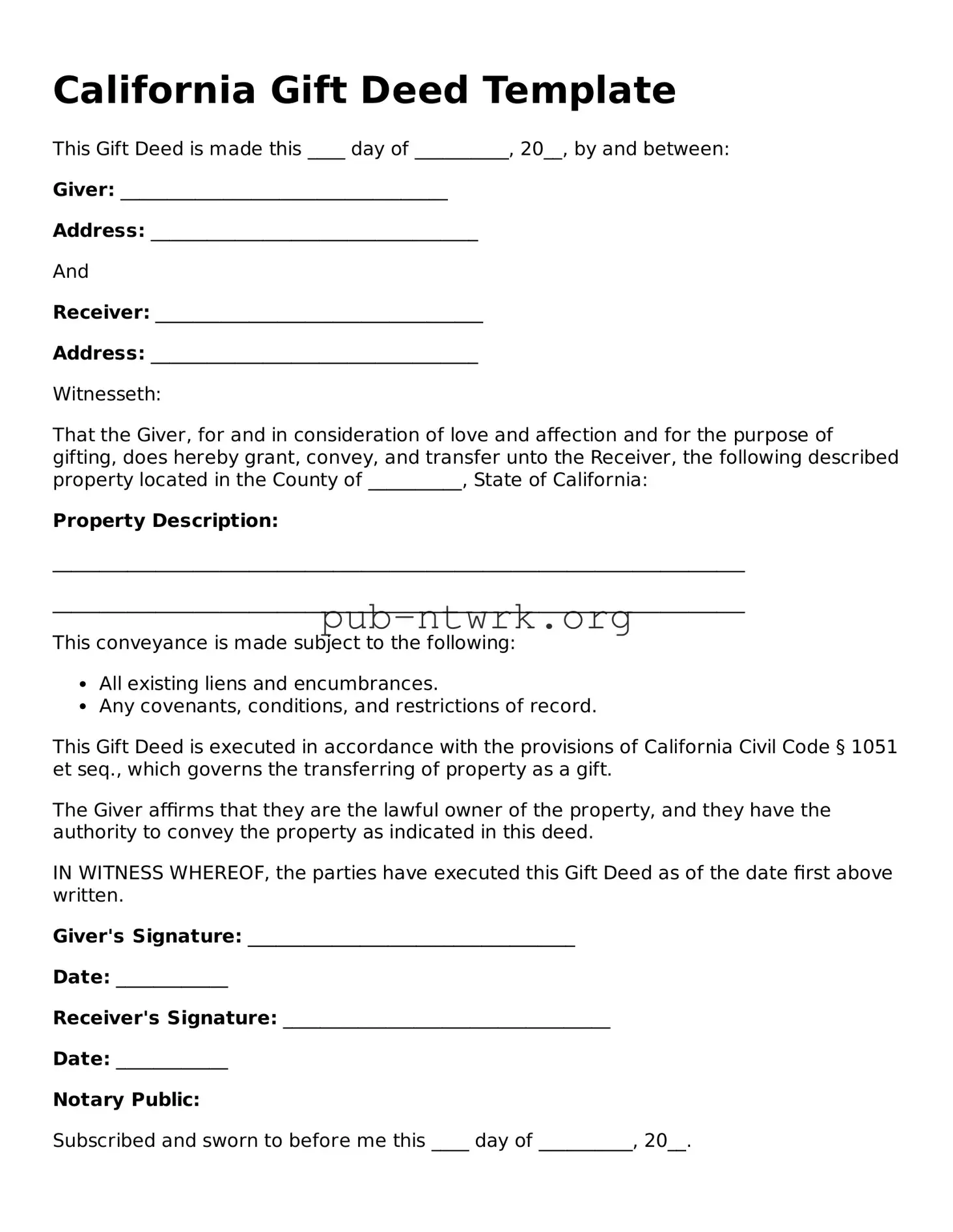 Free California Gift Deed Form