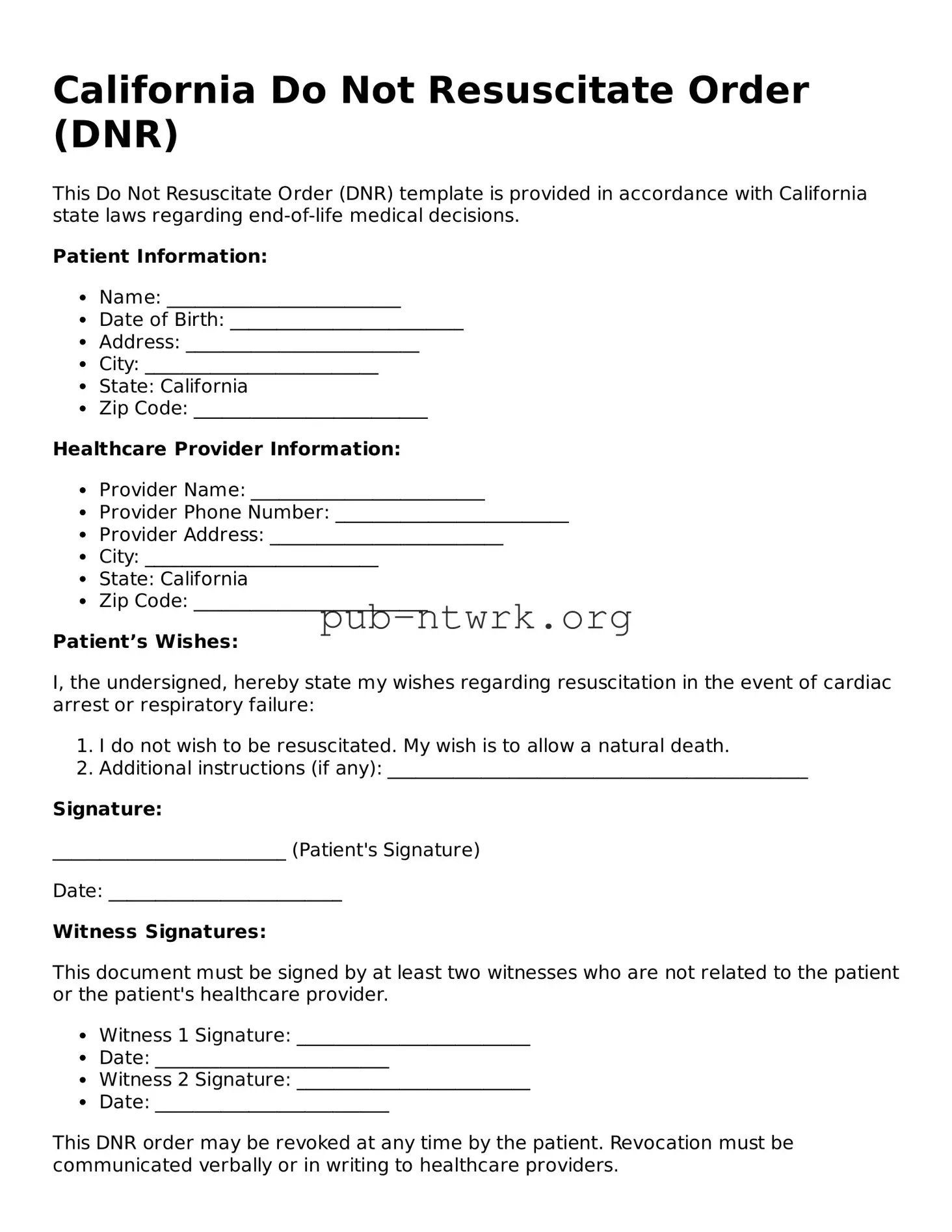 Free California Do Not Resuscitate Order Form