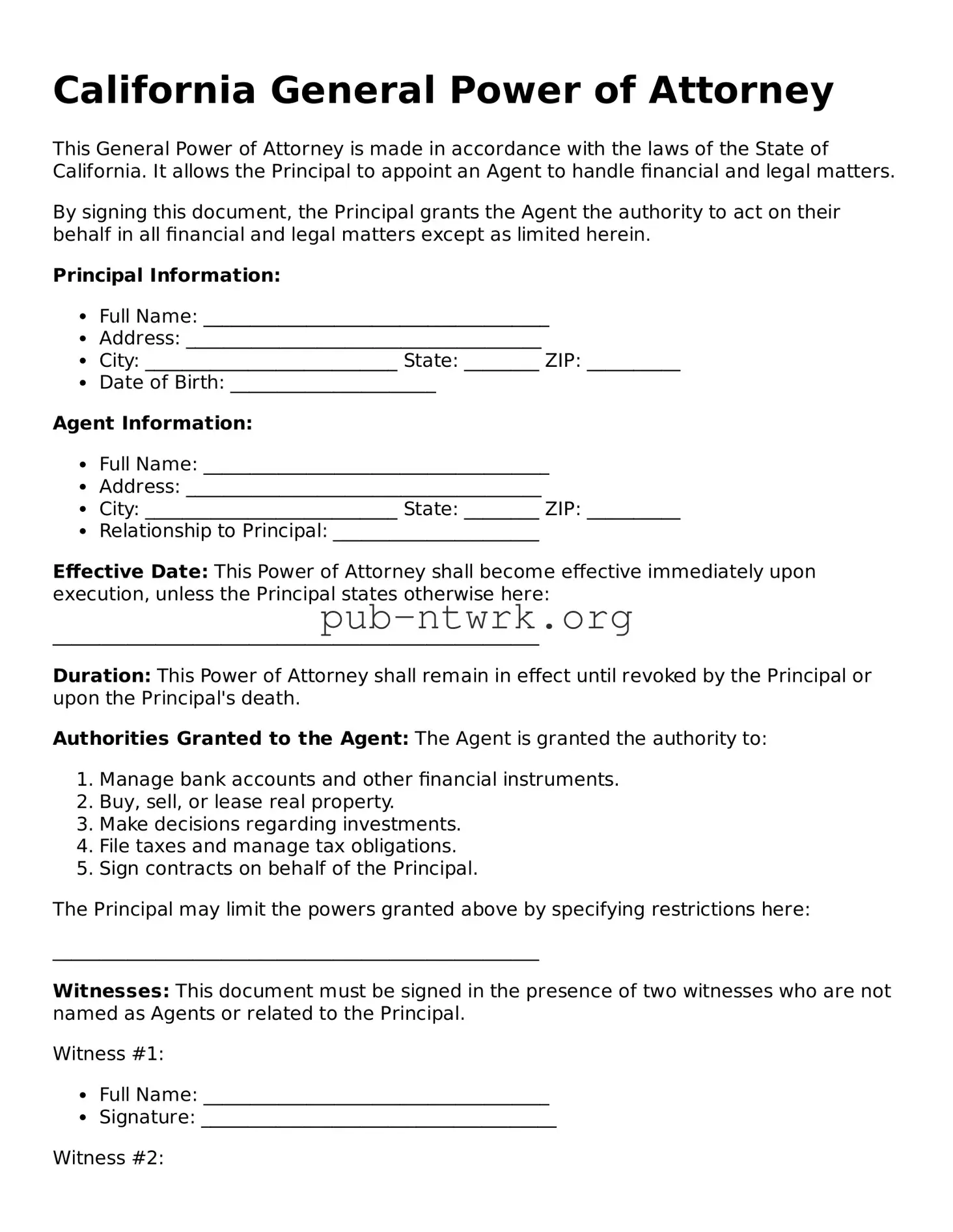 Free California General Power of Attorney Form