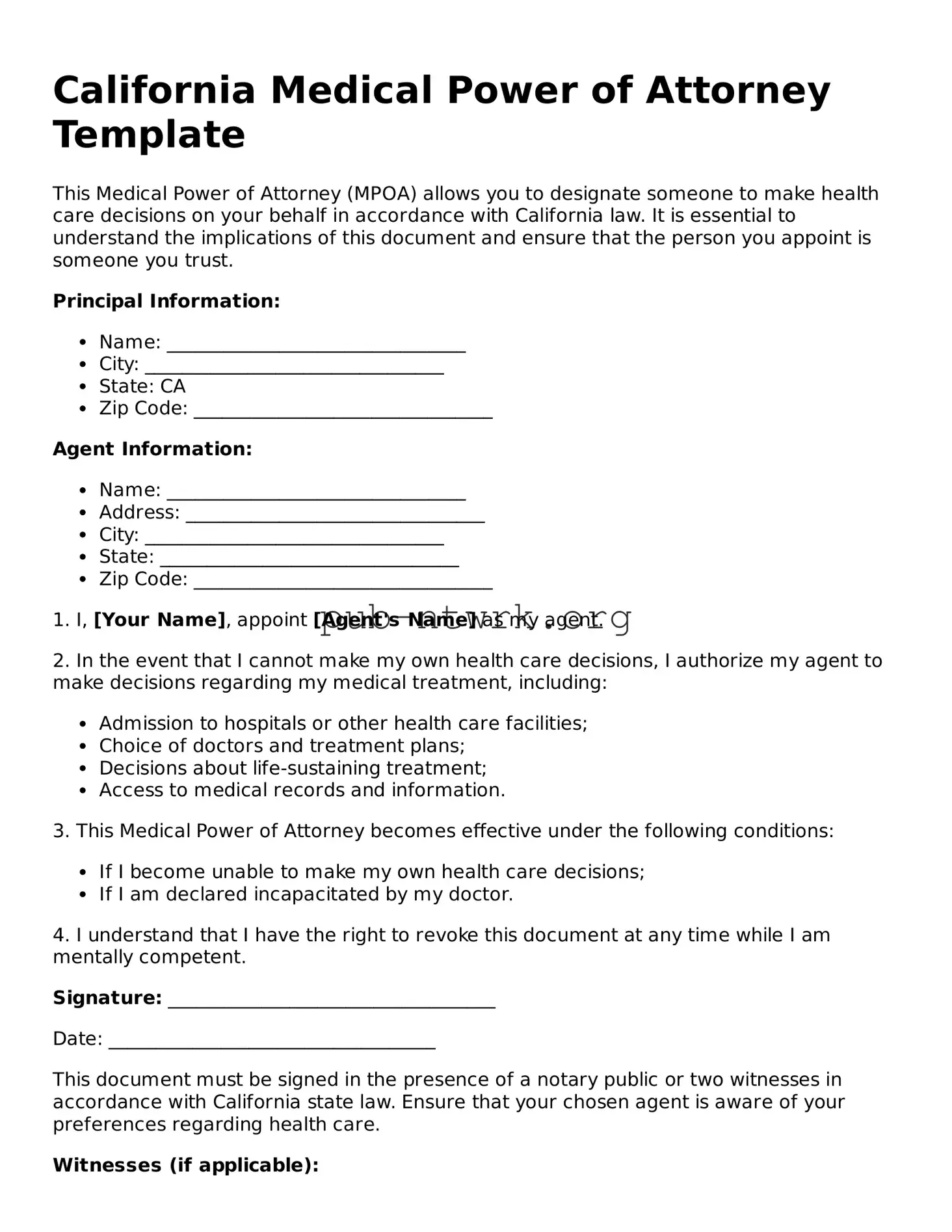 Free California Medical Power of Attorney Form