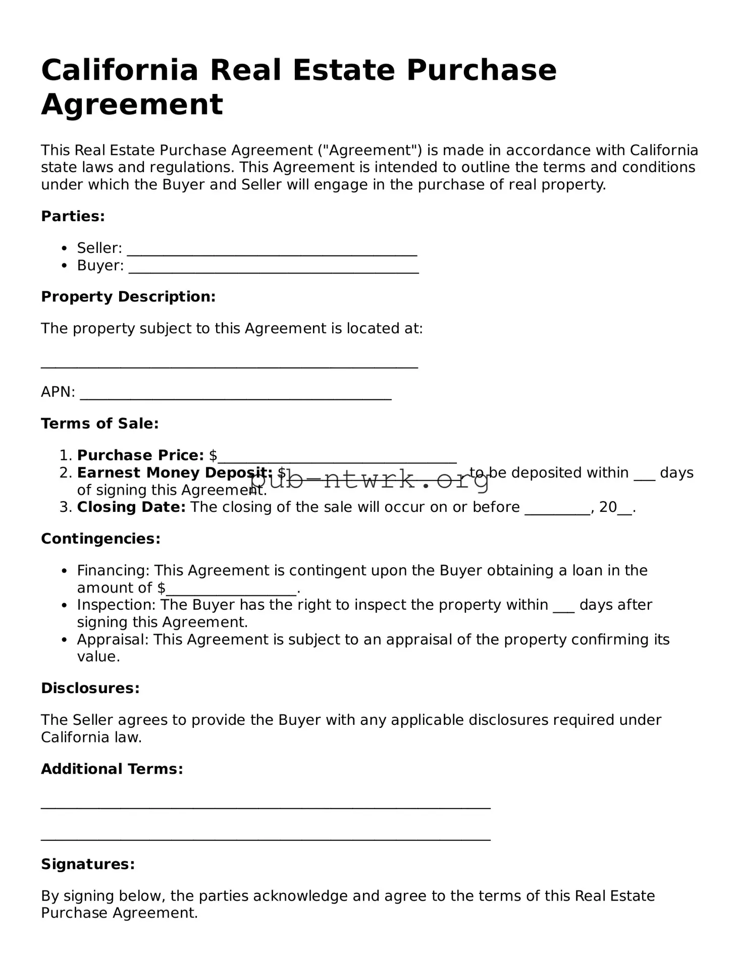 Free California Real Estate Purchase Agreement Form