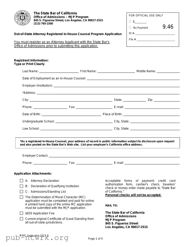 Blank California Application Registered In Counsel PDF Form