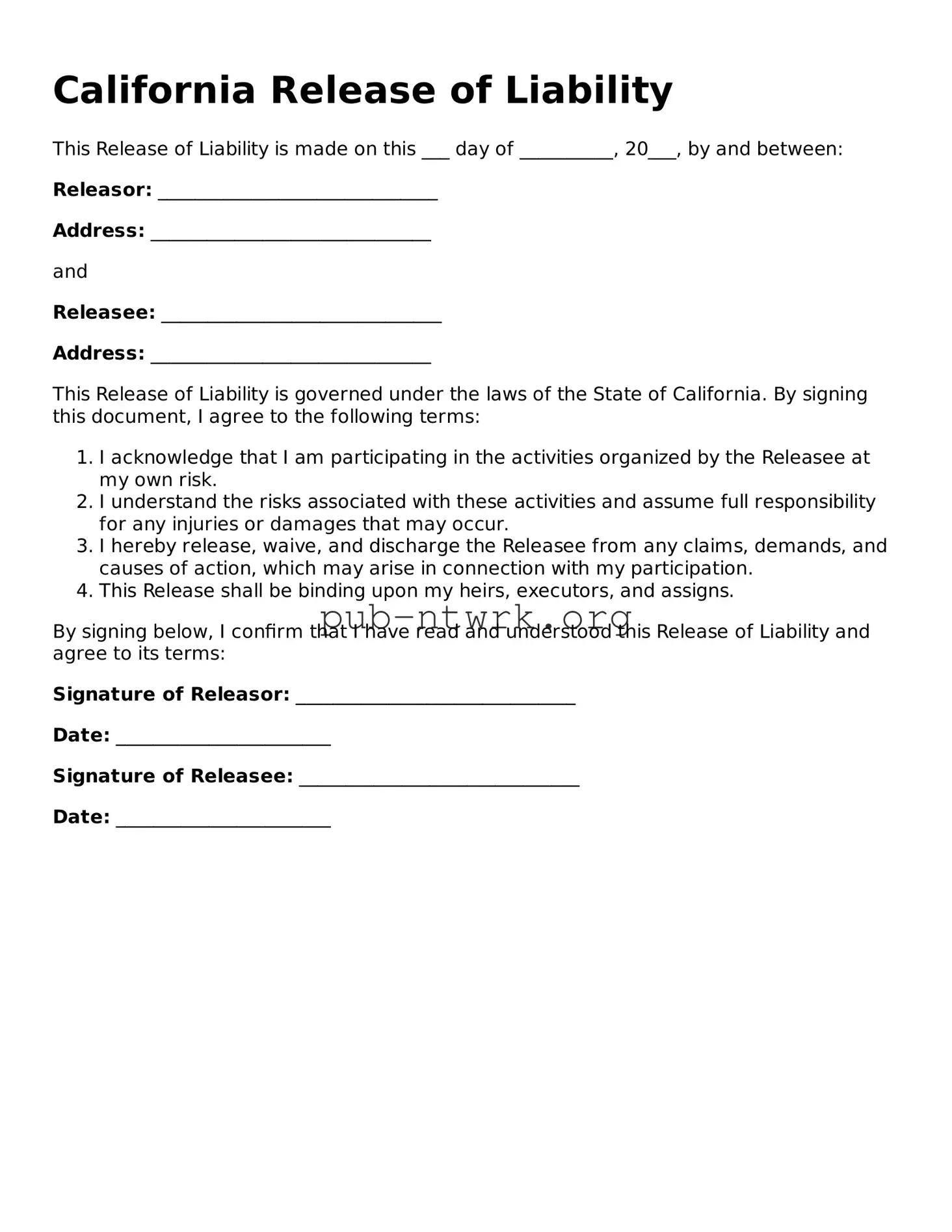 Free California Release of Liability Form