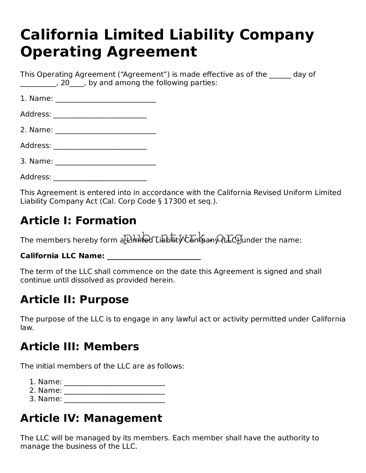Free California Operating Agreement Form