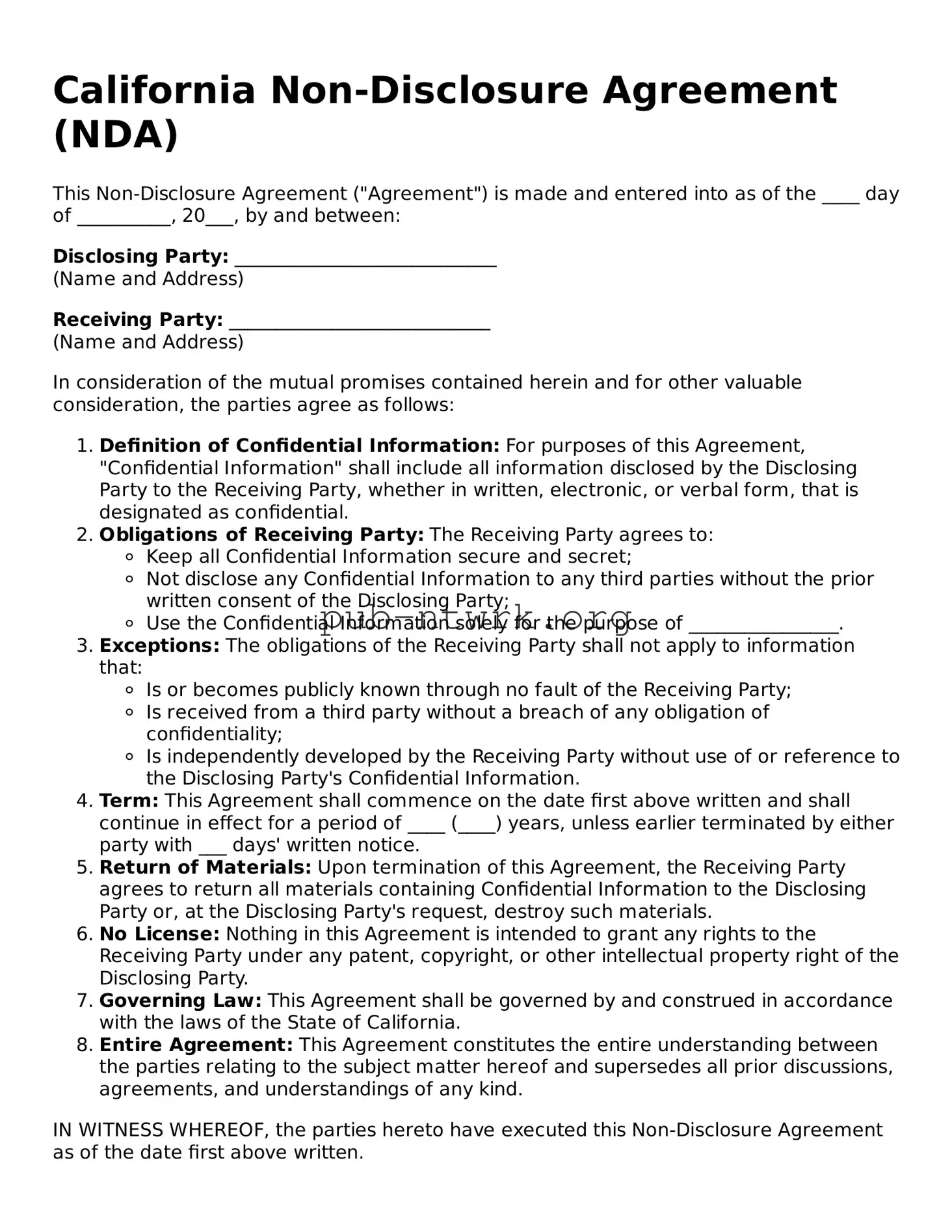 Free California Non-disclosure Agreement Form