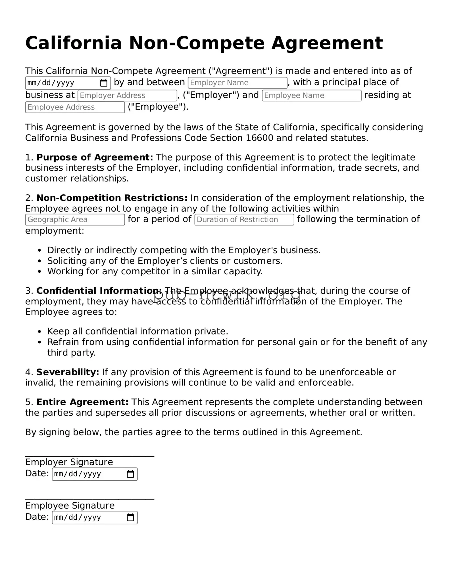 Free California Non-compete Agreement Form