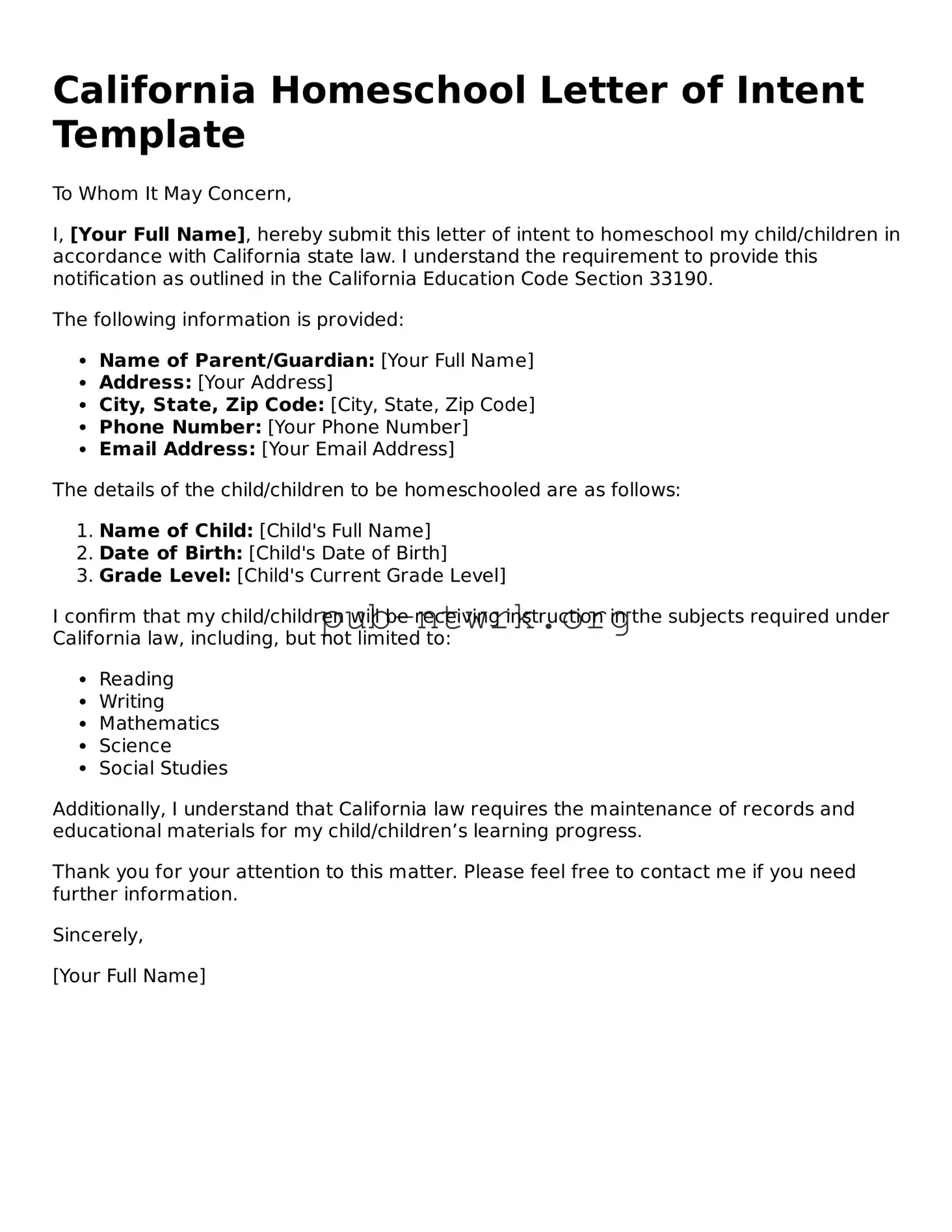 Free California Homeschool Letter of Intent Form